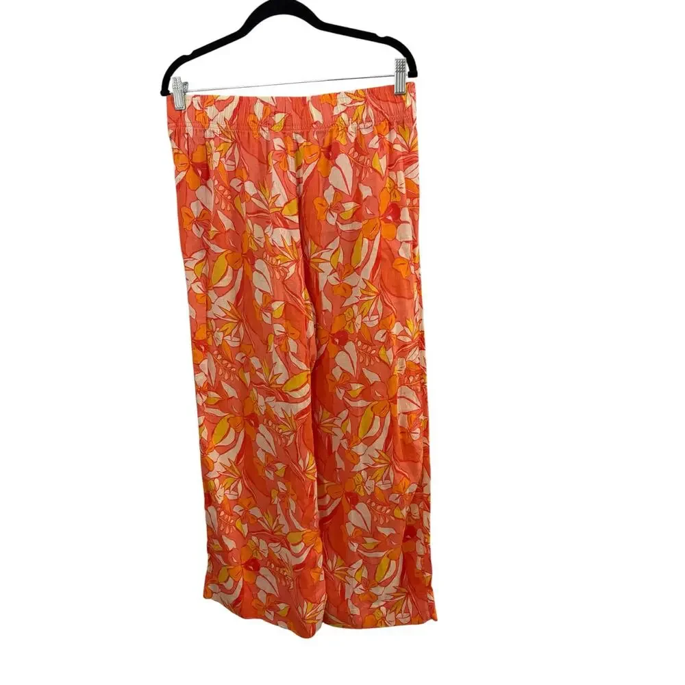 C&C of California Beachwear Coral Linen Wide Leg Pants L Elastic Tie Waist Boho